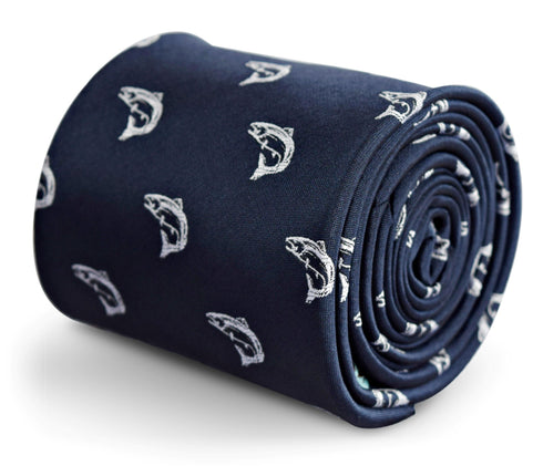 navy tie with trout fish design